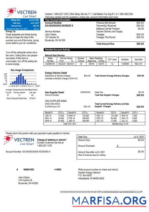 Downloadable USA Ohio Vectren Energy utility bill template in Word and PDF format